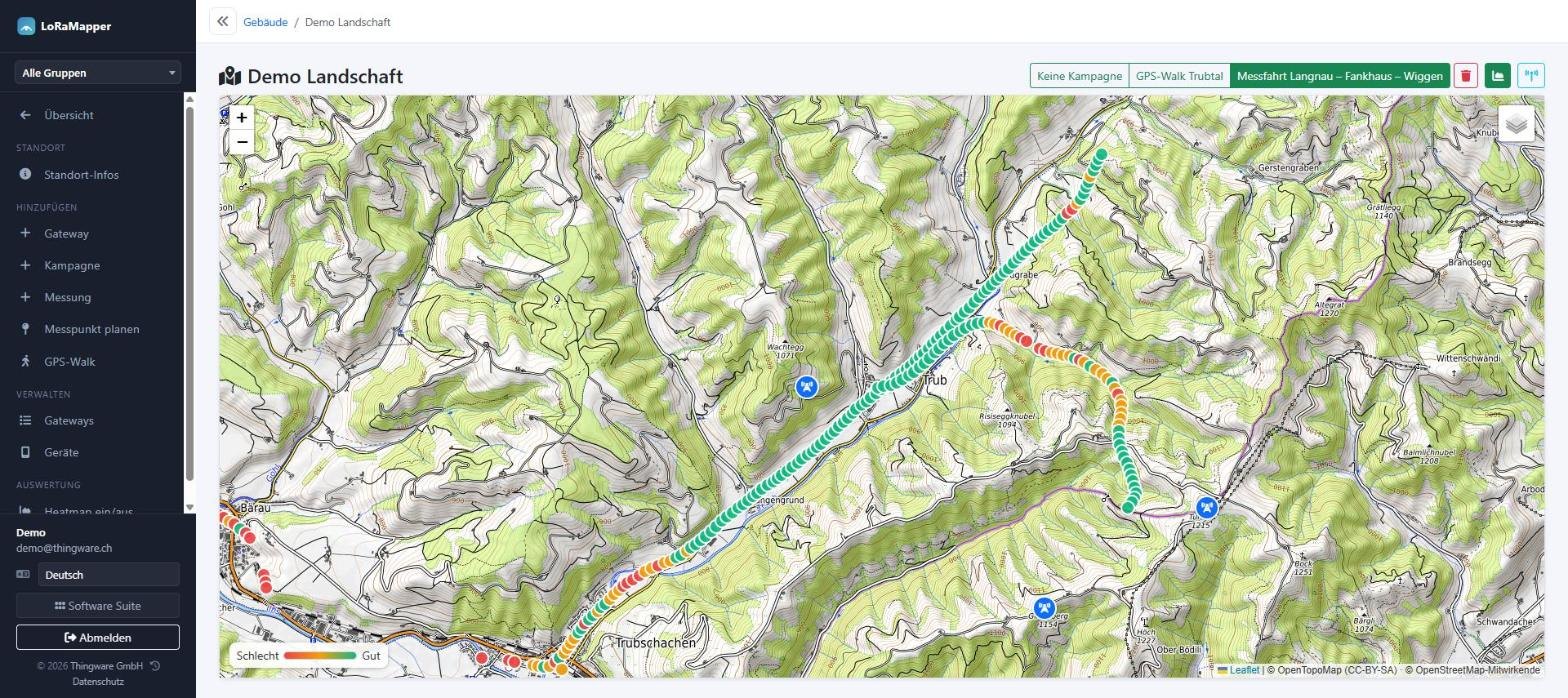 Landschaft: Messfahrt durchs Tal mit Empfangsqualität je Messpunkt