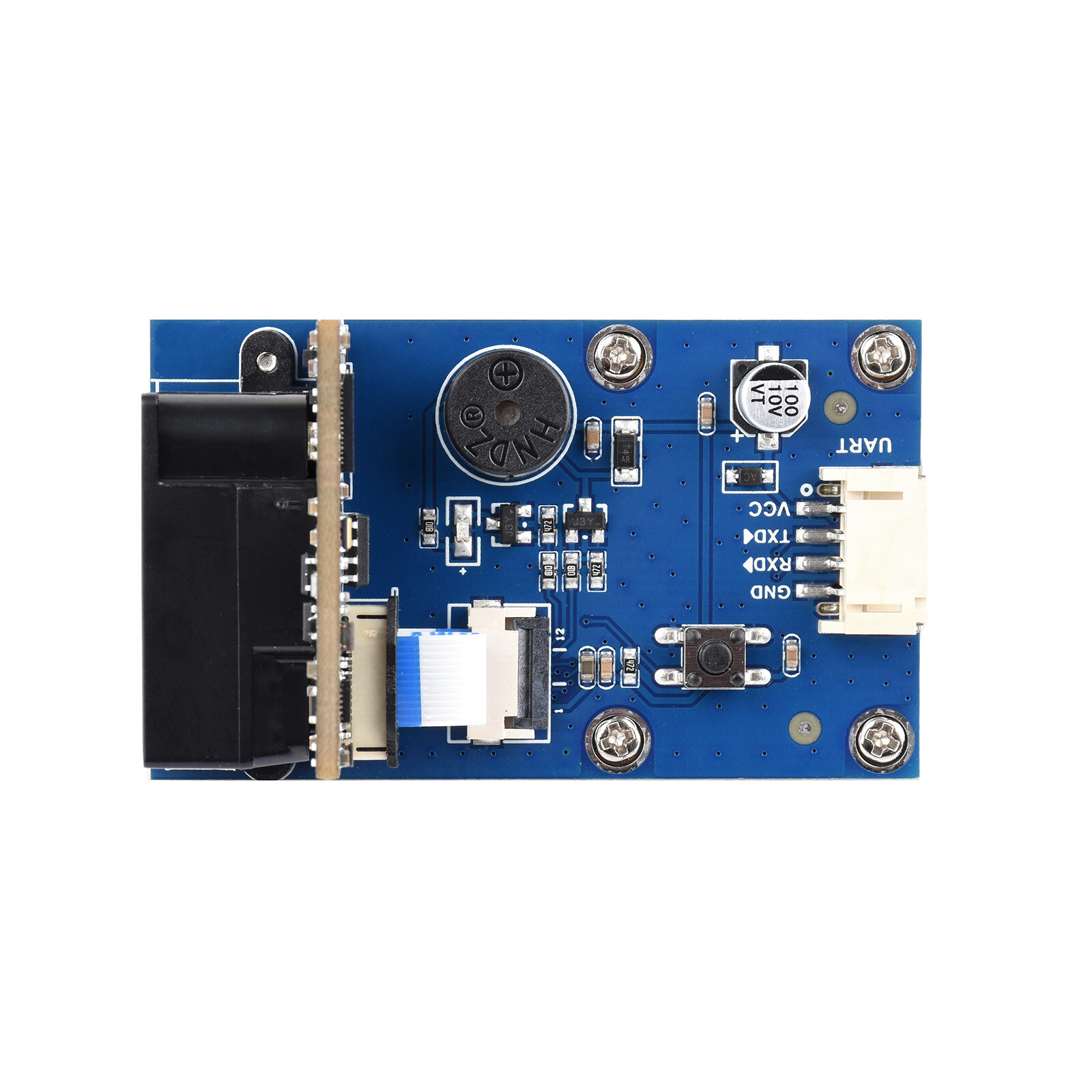 Waveshare Barcode Scanner Module (E) von oben: PH2.0-Buchse mit VCC, TXD, RXD, GND, Taster und Summer