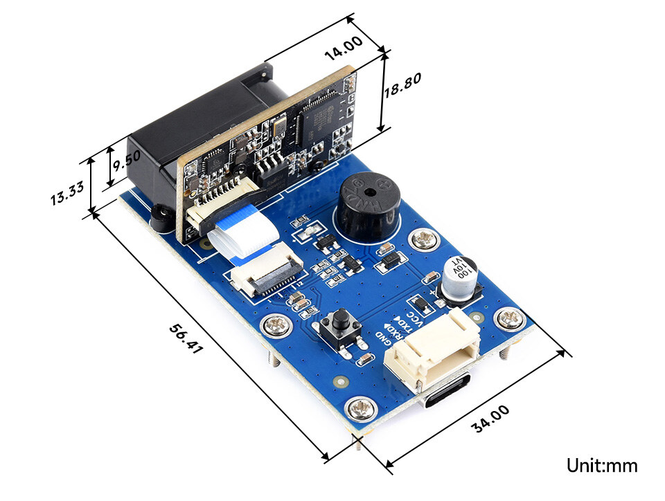 Massskizze Waveshare Barcode Scanner Module (E): 56.41 × 34.00 mm Trägerplatine, Scankopf 14.00 × 18.80 mm, Bauhöhe 13.33 mm