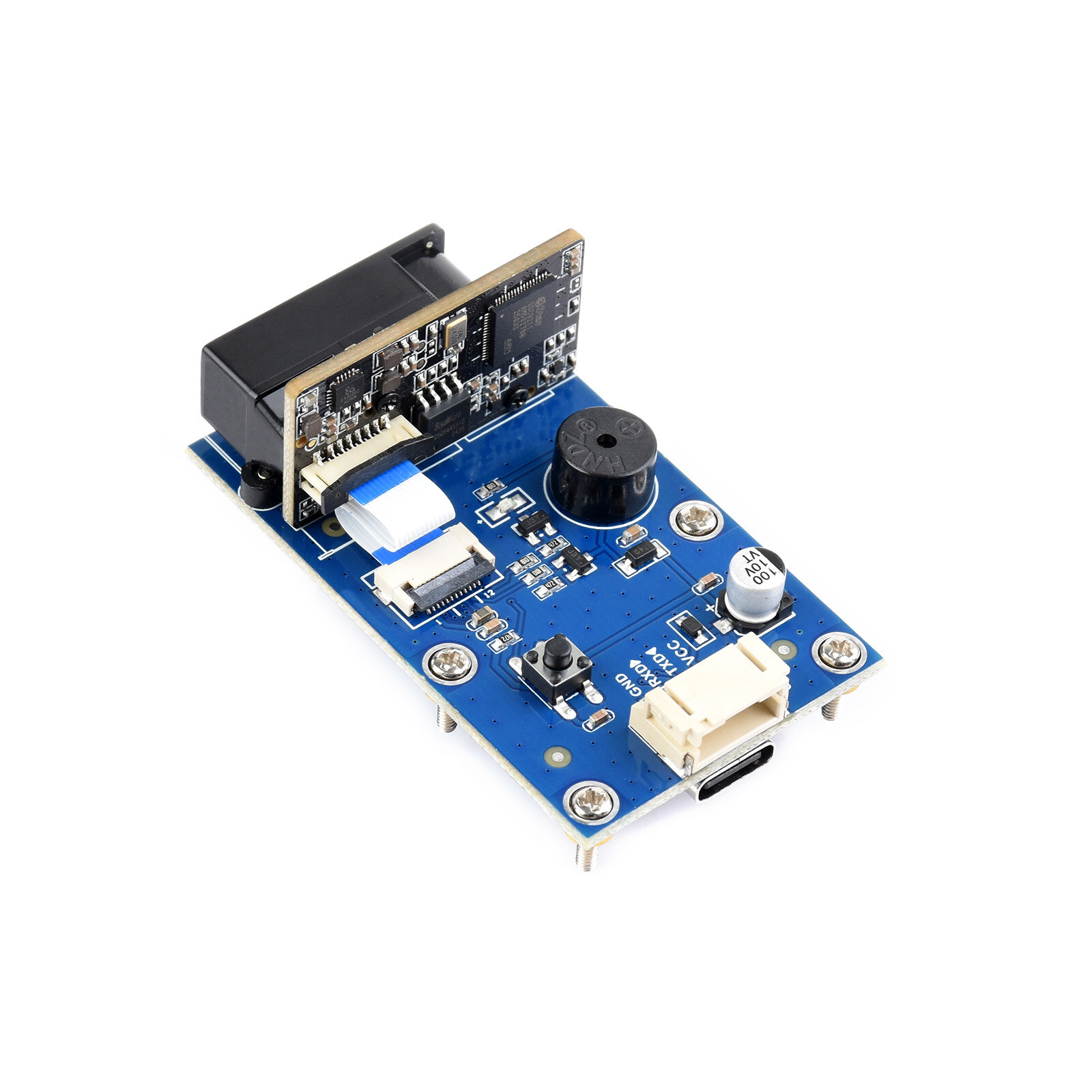 Waveshare Barcode Scanner Module (E) schräg von vorne mit Scankopf und Beleuchtung